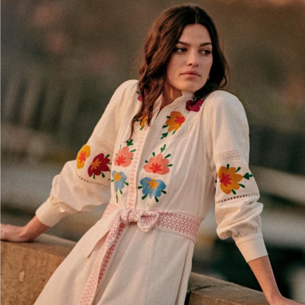 Sezane Georgia Dress. Size 34. Floral Embroidered Maxi Dress. White blue purple